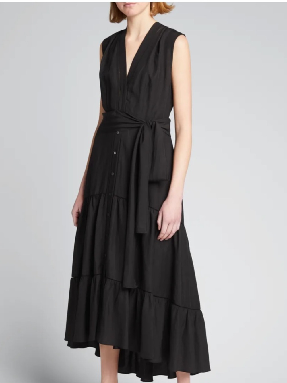 Kobi Halperin Anne Linen Tiered Dress with Waist Tie Black S NWT